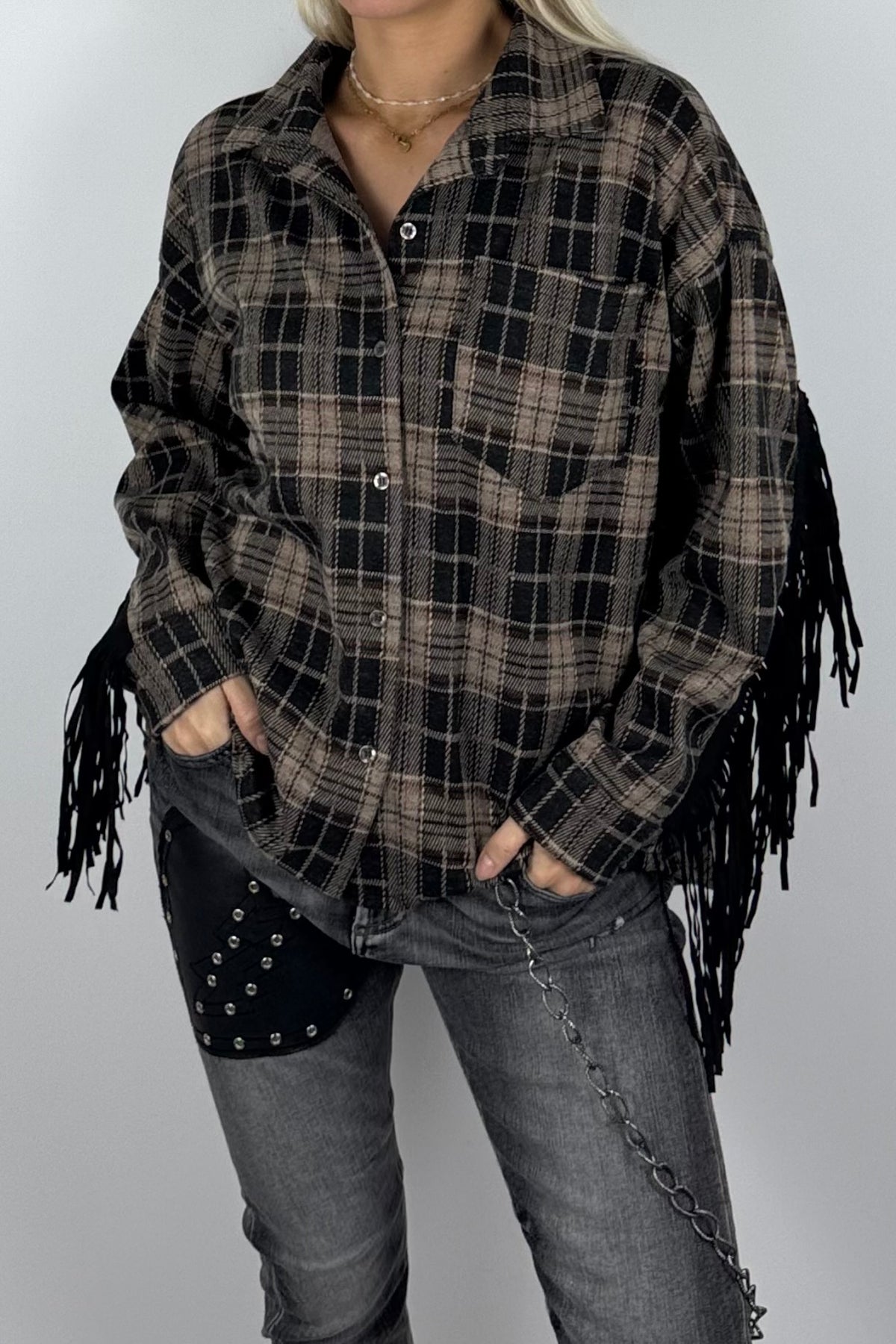 Damen-Karobluse mit Fransen-Mud