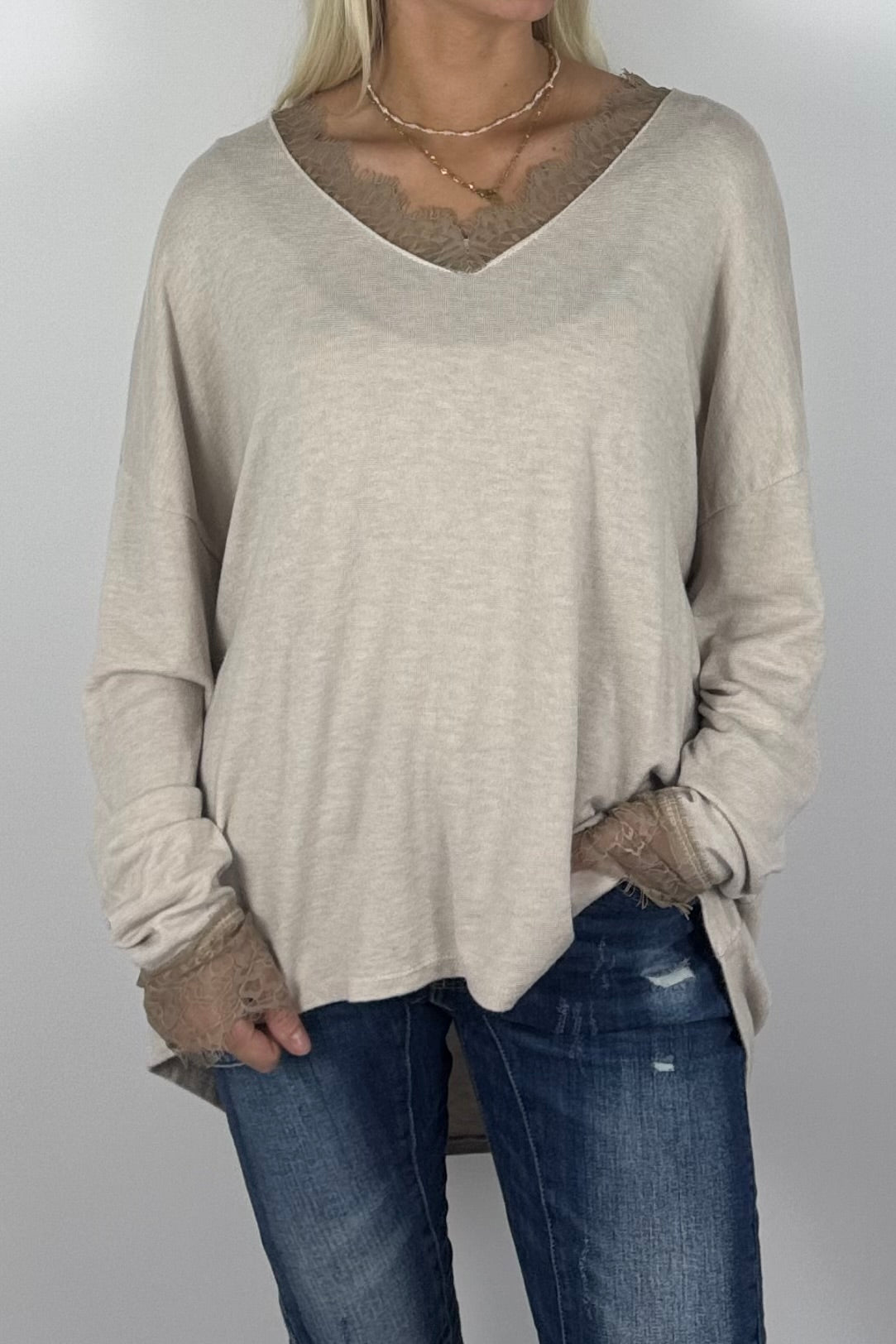 Damen Oversize Shirt mit Spitzen-Details –Beige
