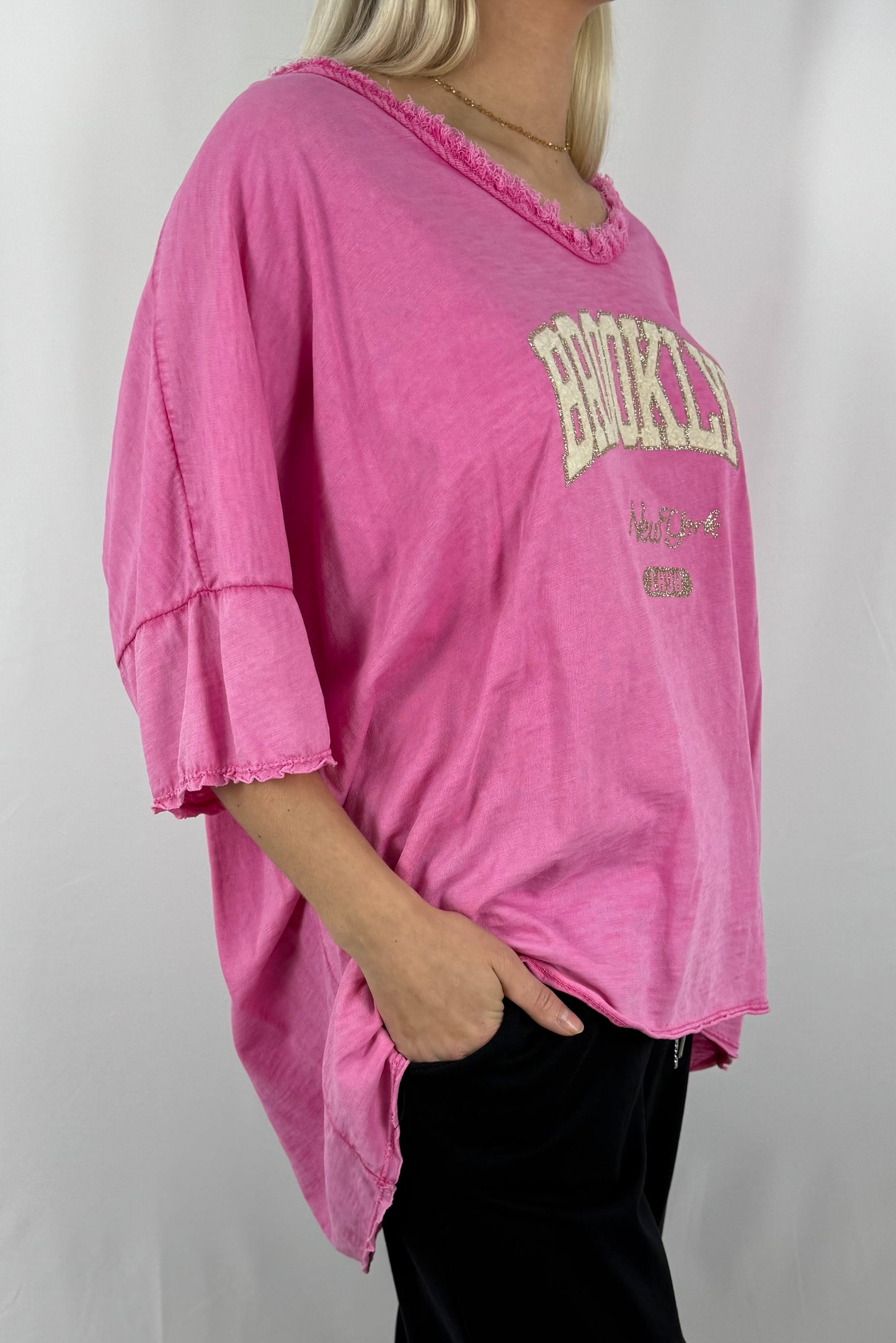 Oversize Damen Shirt mit Brooklyn New York Print-Pink