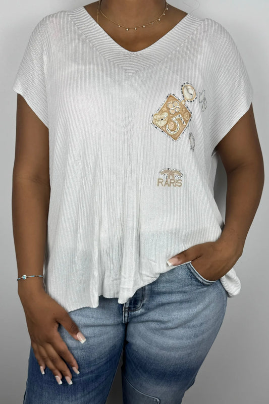 Rippstrick-Shirt mit Glitzerapplikationen und V-Ausschnitt