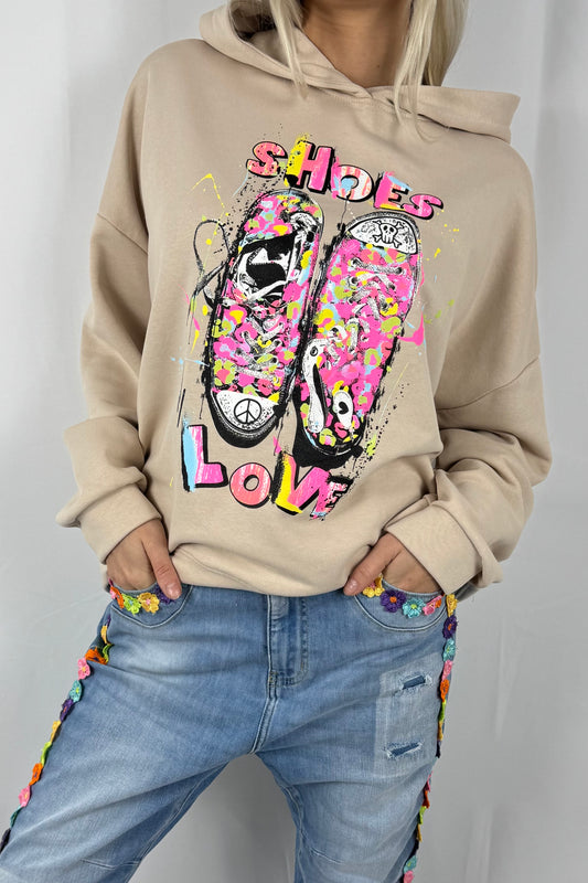 Damen Oversize Hoodie „Shoes Love“ –Beige