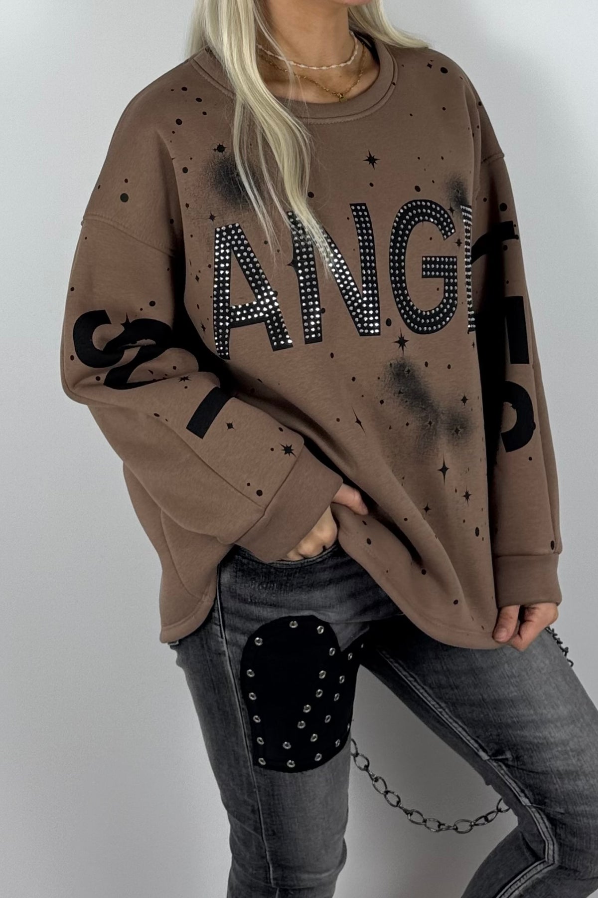 Damen-Sweatshirt mit „Los Angeles“-Schriftzug und Glitzersteinen - Mud