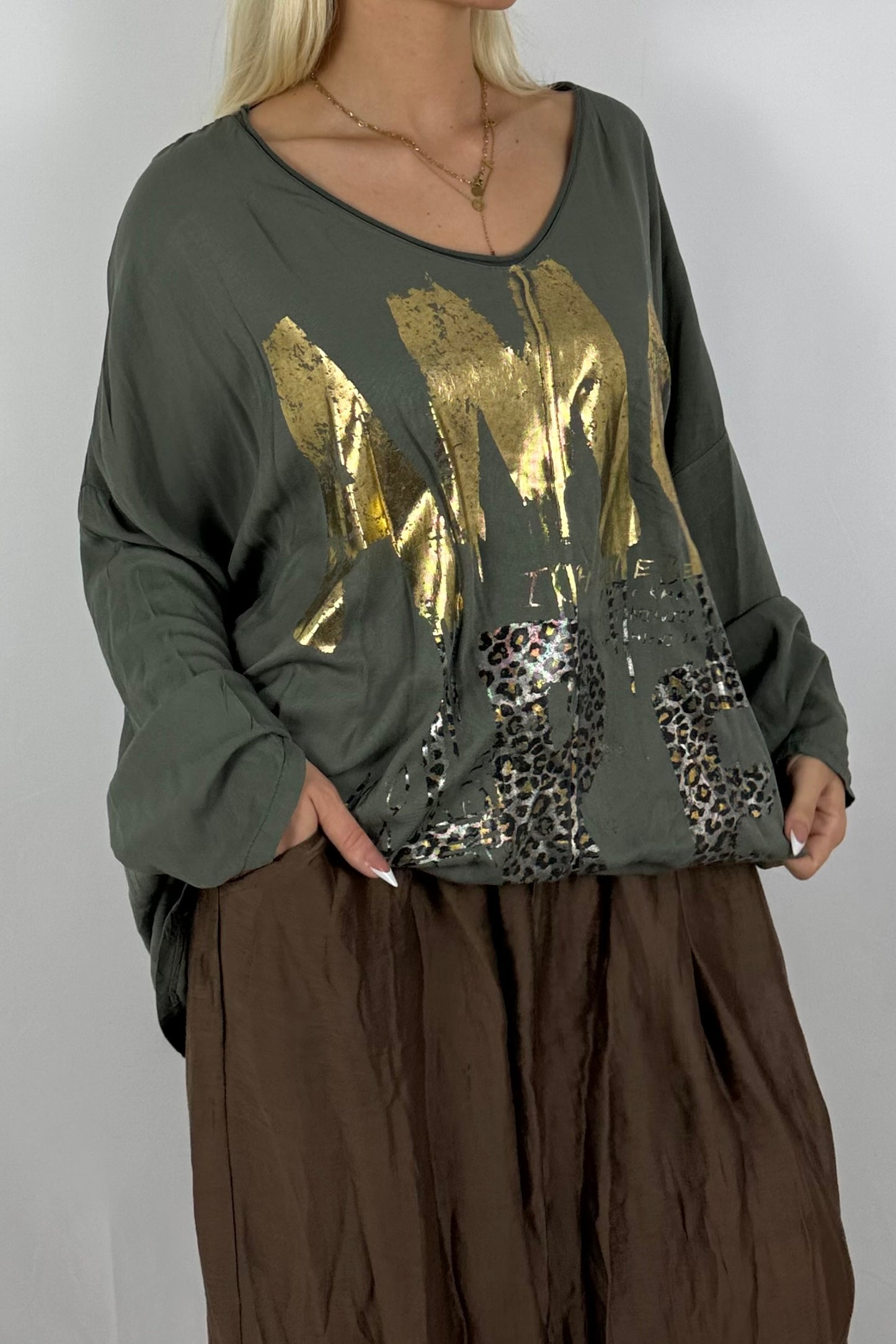 Oversize-Shirt mit Statement-Print-Khaki