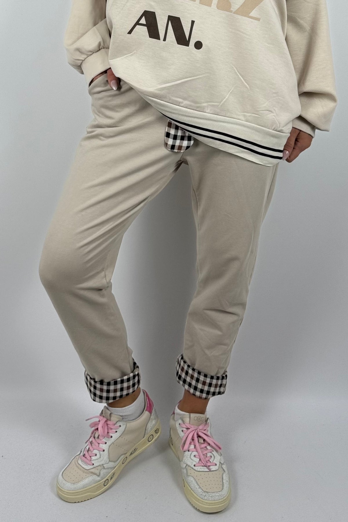 Damenhose mit Karomuster-Details & Bindegürtel-Beige