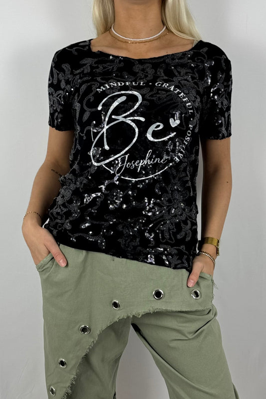 Pailletten-Shirt mit floraler Stickerei und Frontprint-Schwarz