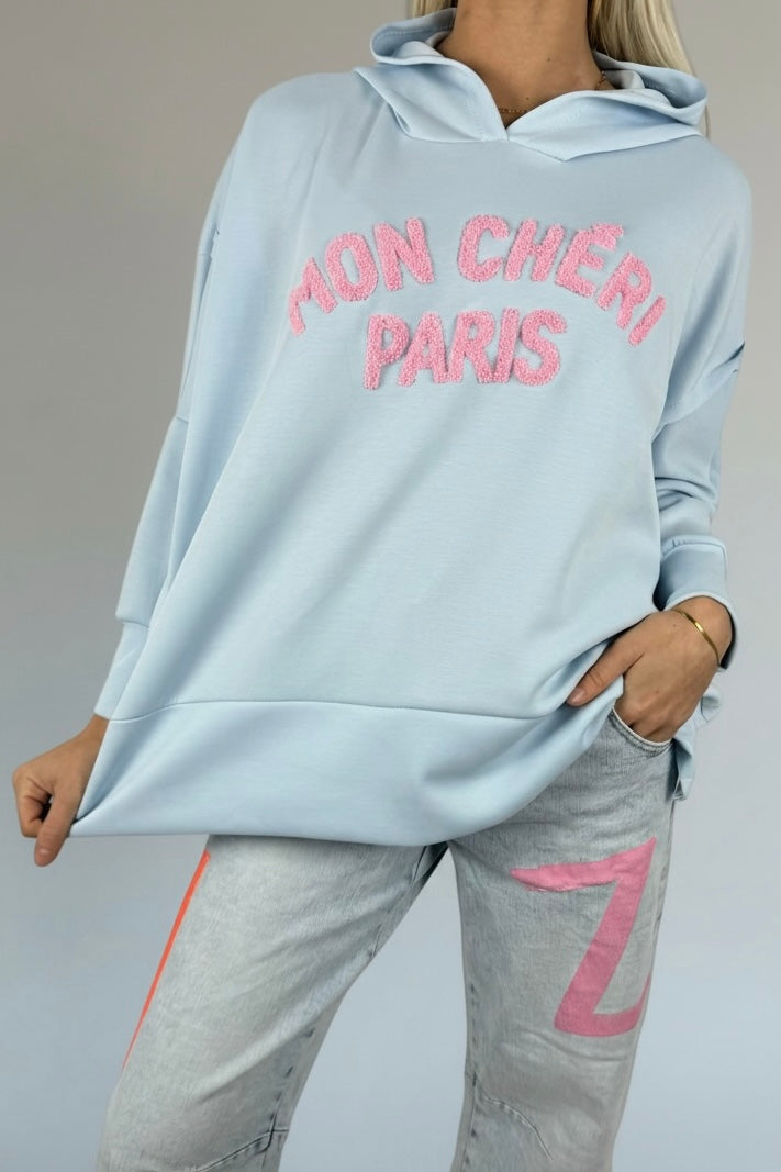 Oversize Hoodie „Mon Chéri Paris“-Hellblau