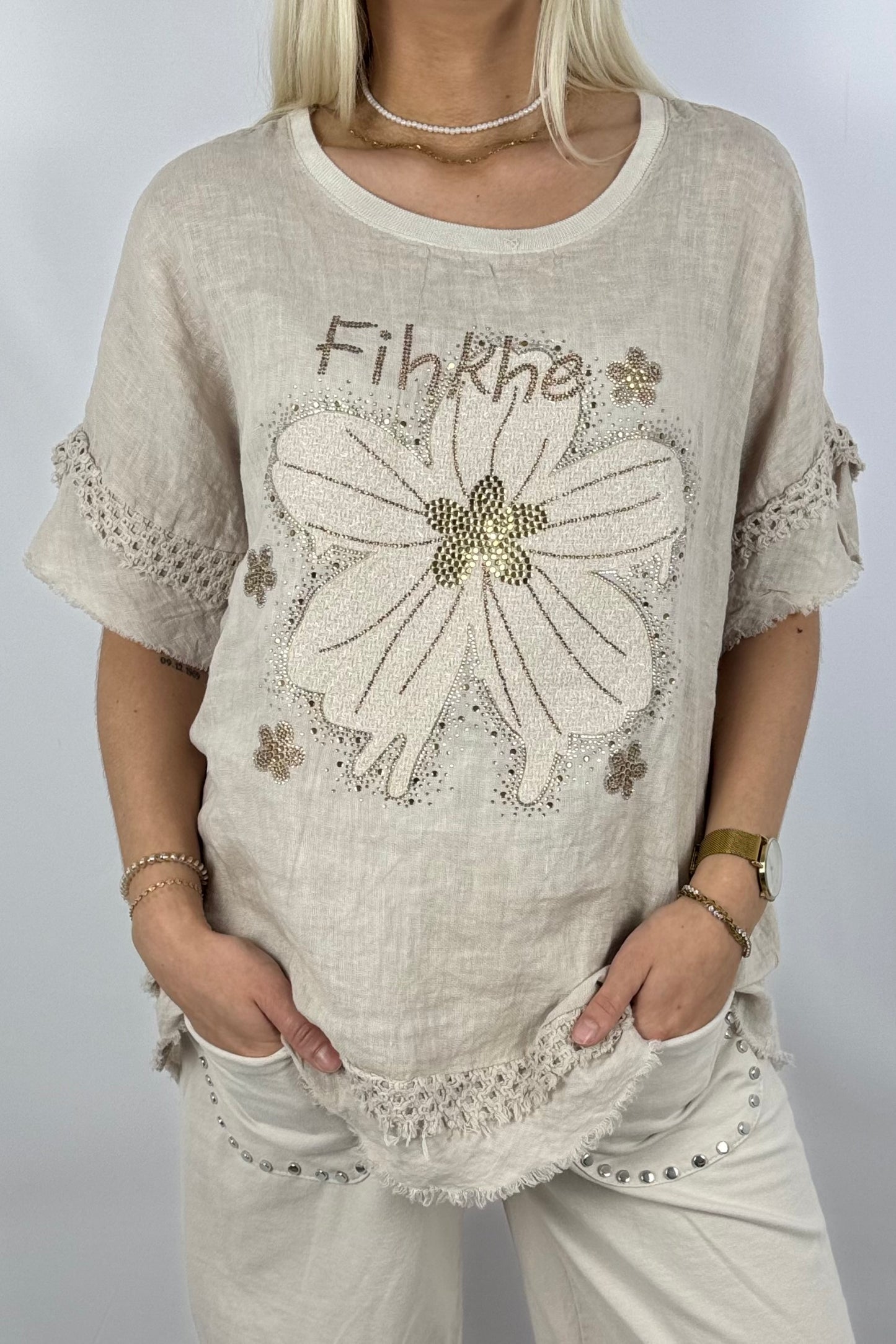 Leinen-Shirt mit Blumenprint & Häkel-Details-Beige