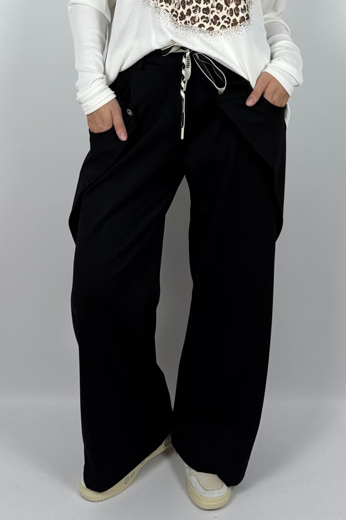 Damen Wide-Leg Hose mit Statement-Taschen – Schwarz
