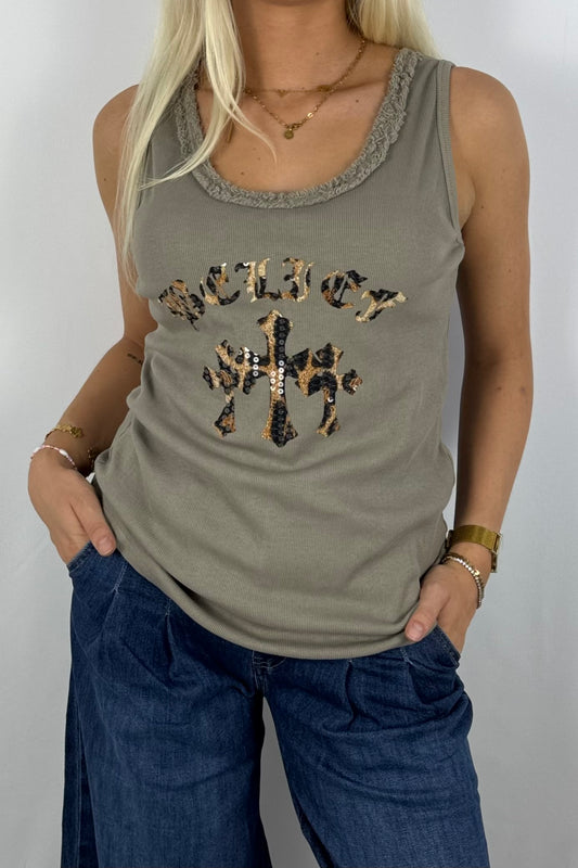 Damen Top mit Leo-Print & Pailletten-Mud