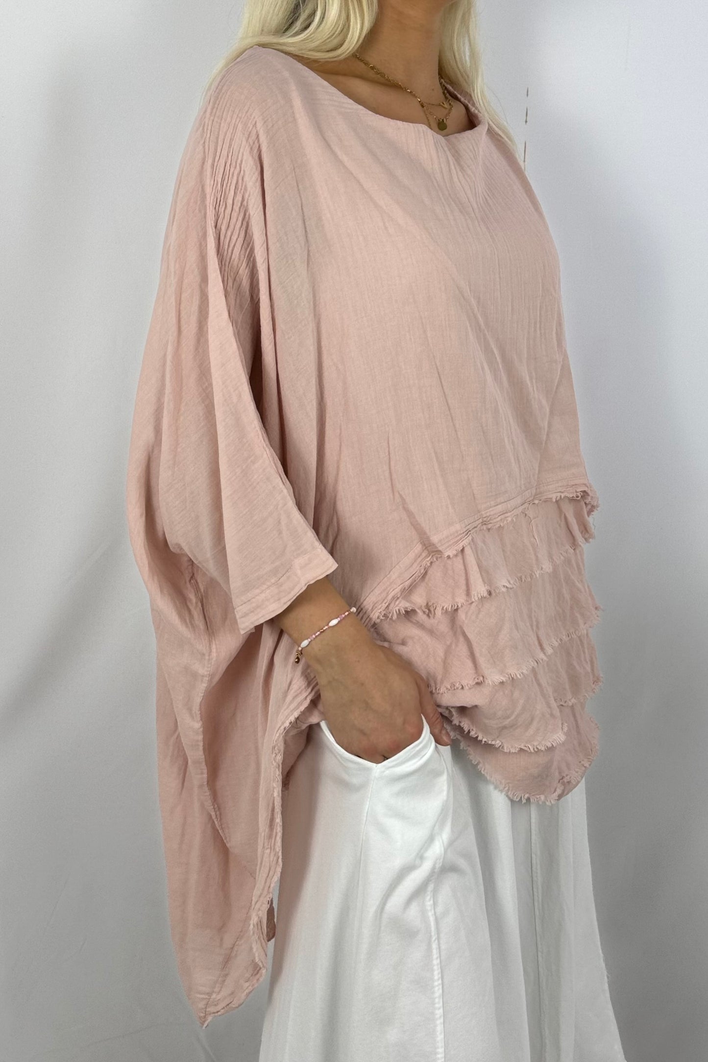 Oversize Baumwollshirt mit Volant-Rückseite-Rosa