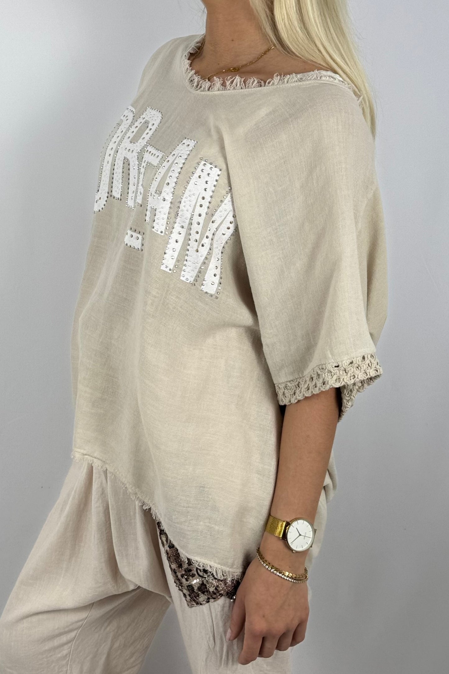 Leinen-Shirt „DREAM“ mit Strassdetails-Beige