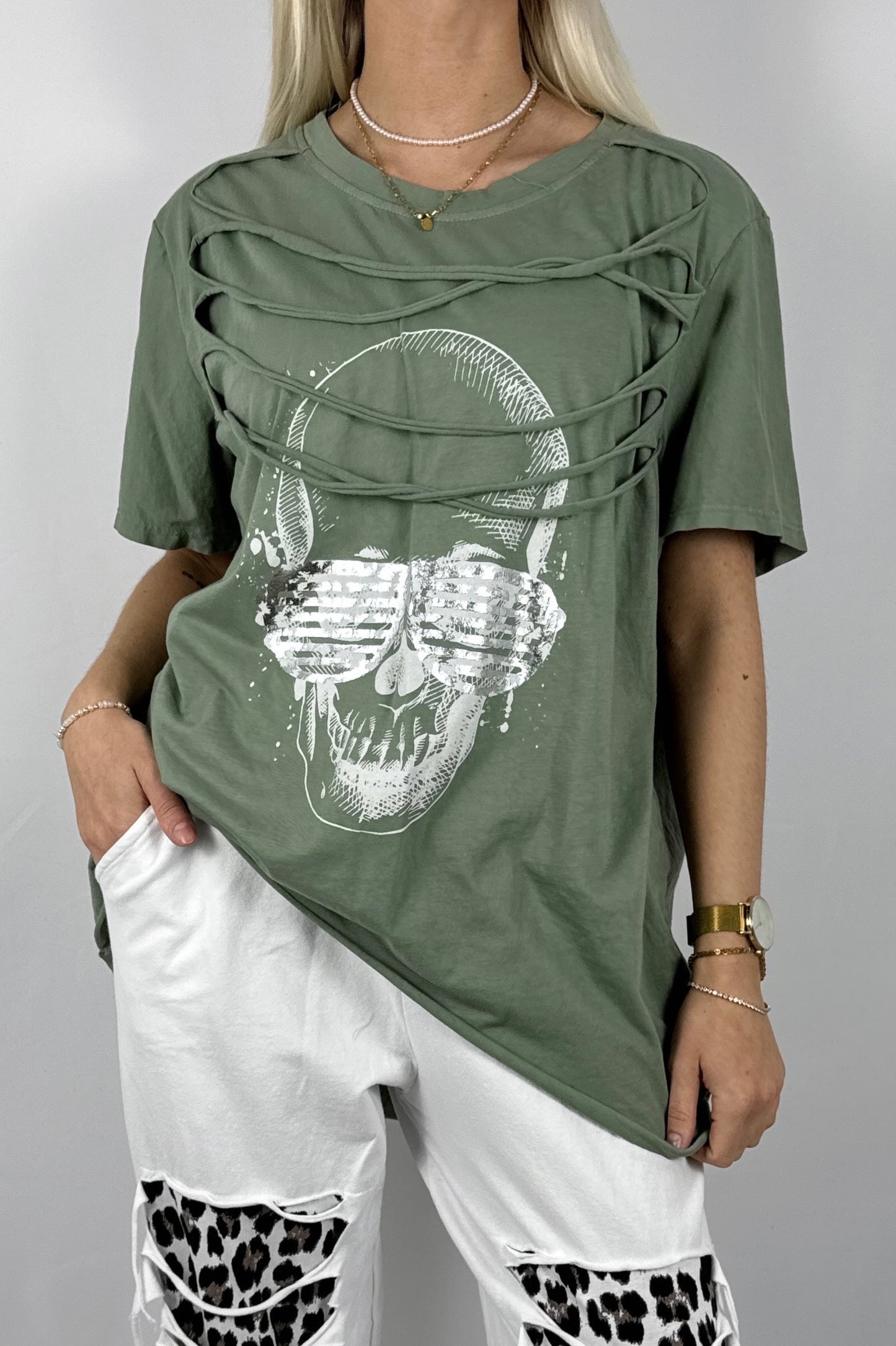 Oversize Shirt mit Skull Print – Moderner Streetstyle-Khaki