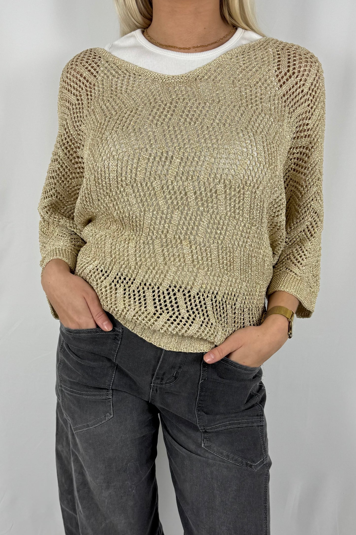 Damen Strick Sweatshirt mit Musterstruktur-gold