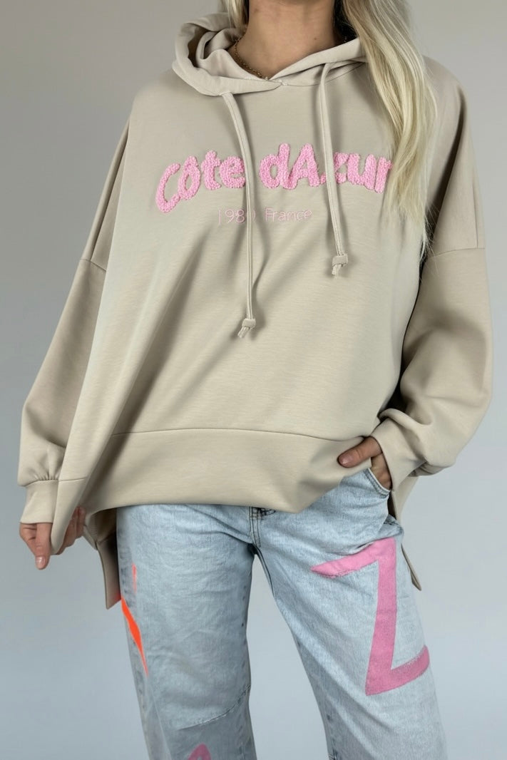 Oversize Hoodie mit Schriftzug „Côte d’Azur“-Beige