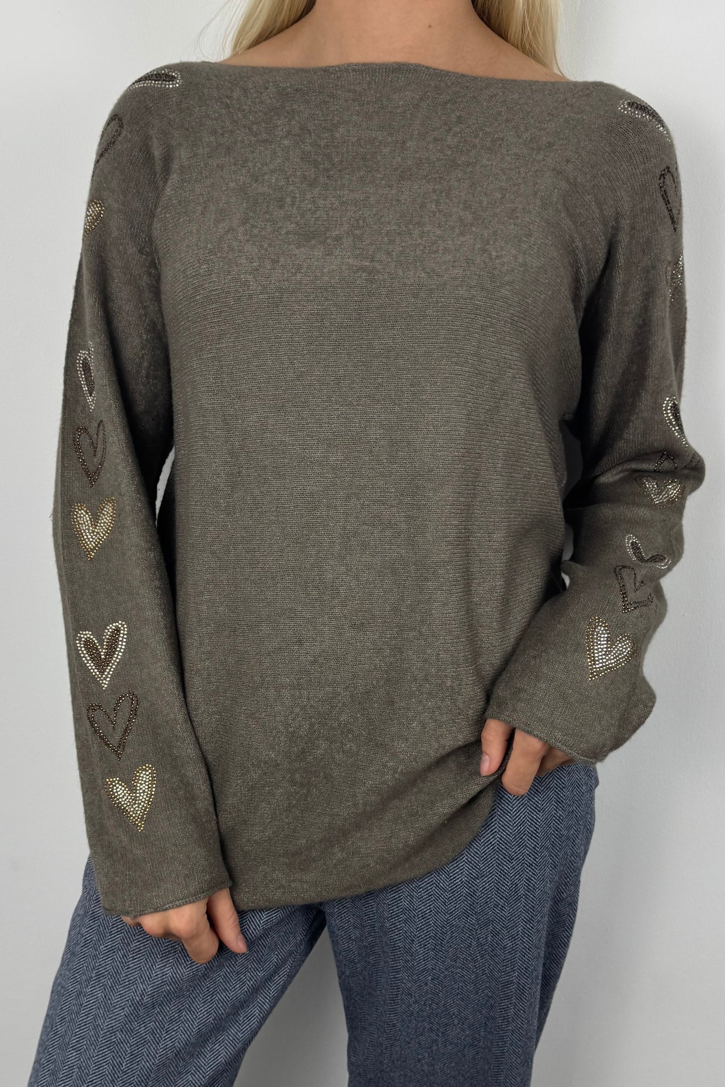 Feinstrick Pullover mit Glitzer-Herz-Details-Mud
