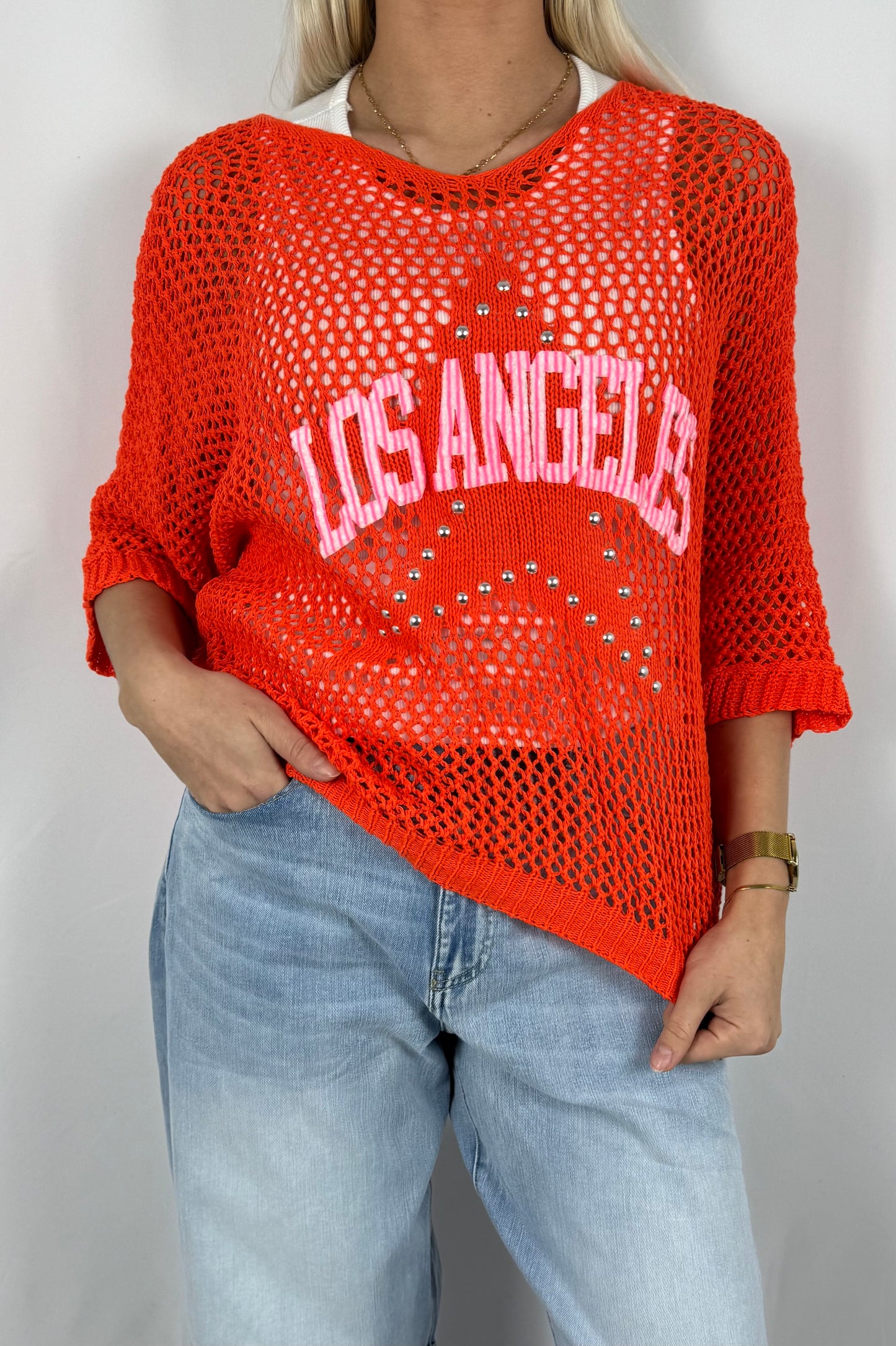 Damen Strickshirt „Los Angeles“ mit Strass-Orange