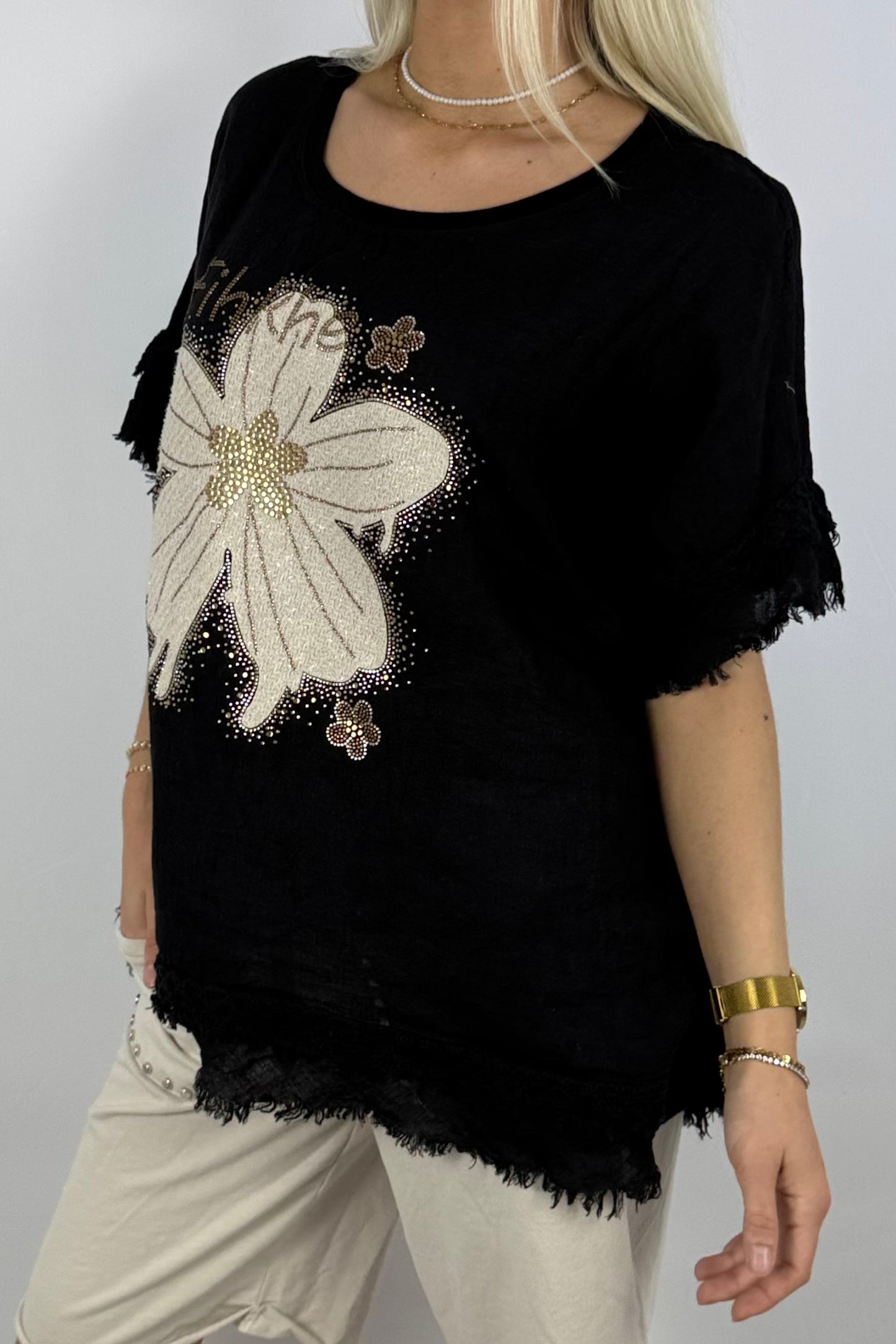 Leinen-Shirt mit Blumenprint & Häkel-Details-Schwarz