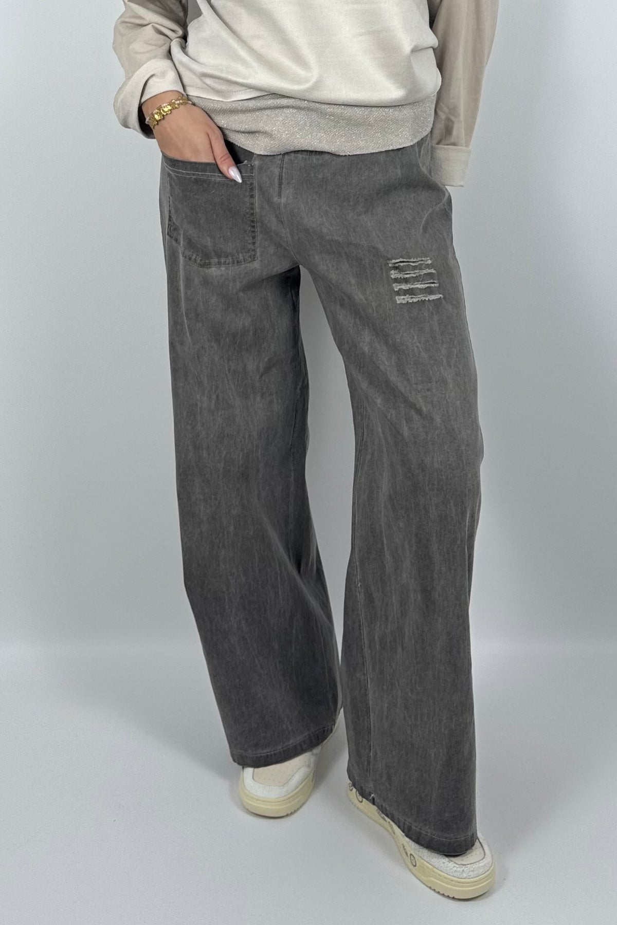 Damen Wide-Leg Hose mit Destroyed-Details – Mud