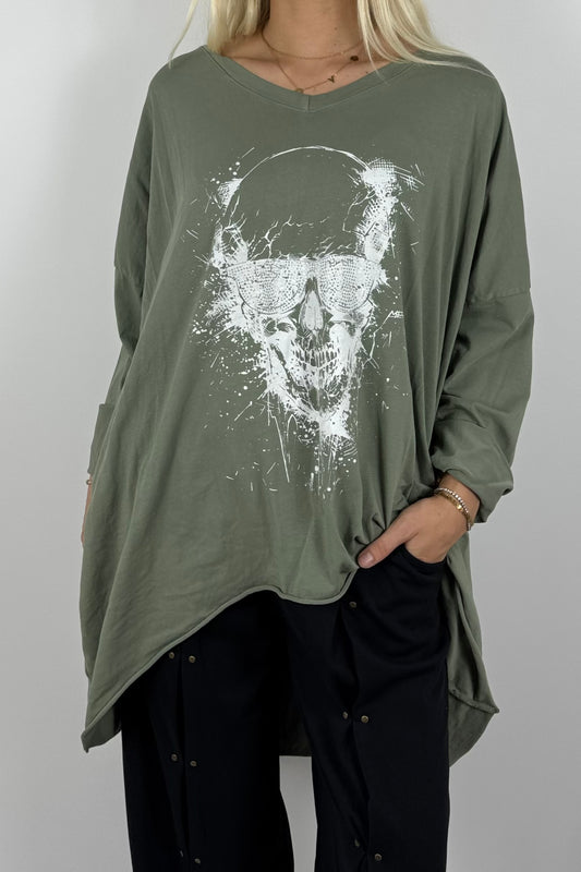 Oversize Damen Shirt mit Totenkopf-Print-Khaki
