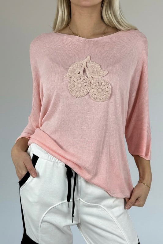 Shirt mit V-Ausschnitt & gehäkelter Applikation-Rosa