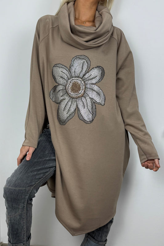 Longshirt mit Strass-Blumenmotiv –Camel