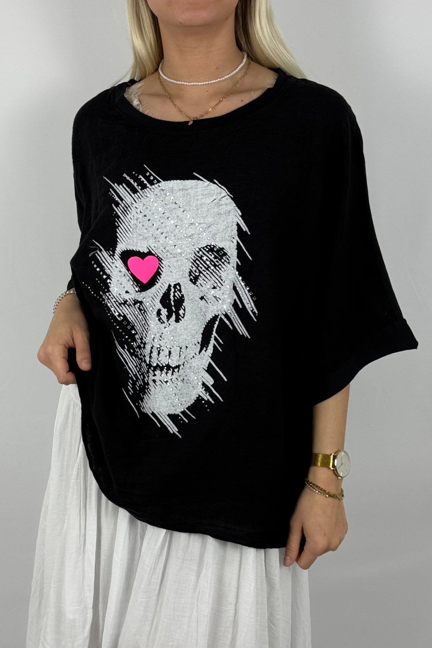 Oversize Shirt mit Skull & Herz Print – Leinenmix-Schwarz