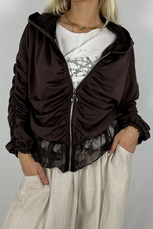 Jacke mit Raffungen und Spitzen-Details-Schoko