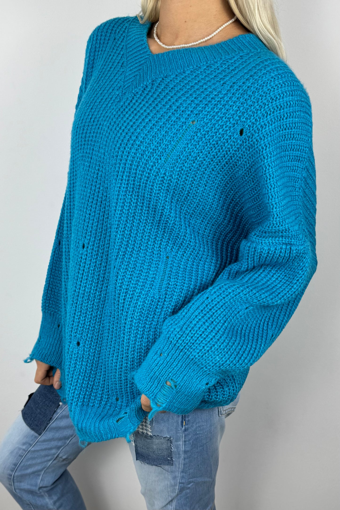 Oversize Strickpullover mit V-Ausschnitt – Turquoise