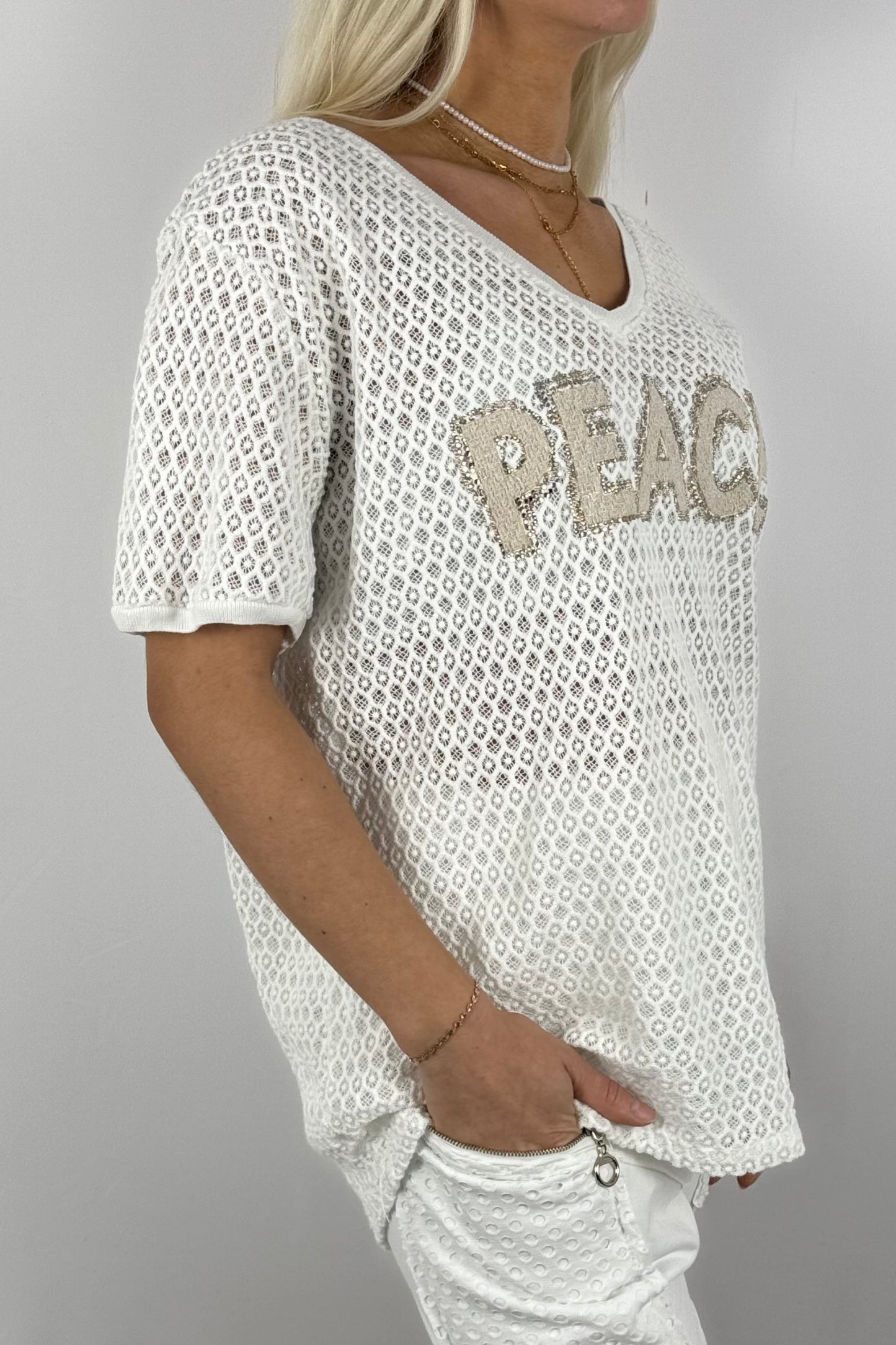 Netz-Shirt „PEACE“ mit Strass-Applikation-Weiß