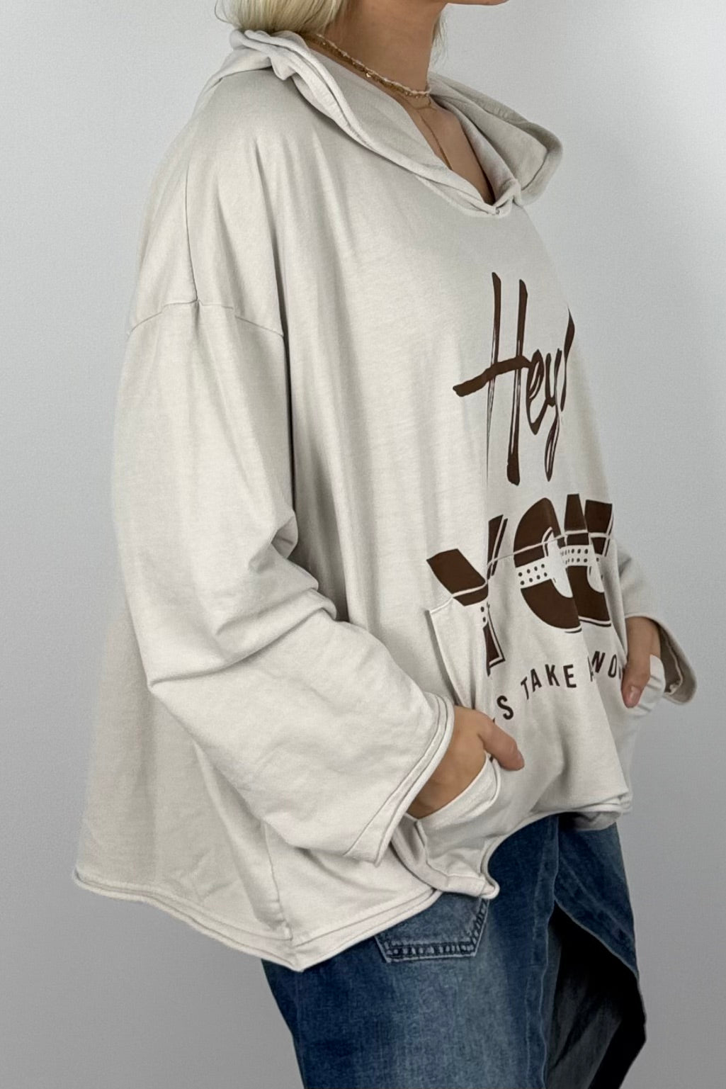 Damen Oversize Hoodie „Hey You“ mit Kapuze – Beige