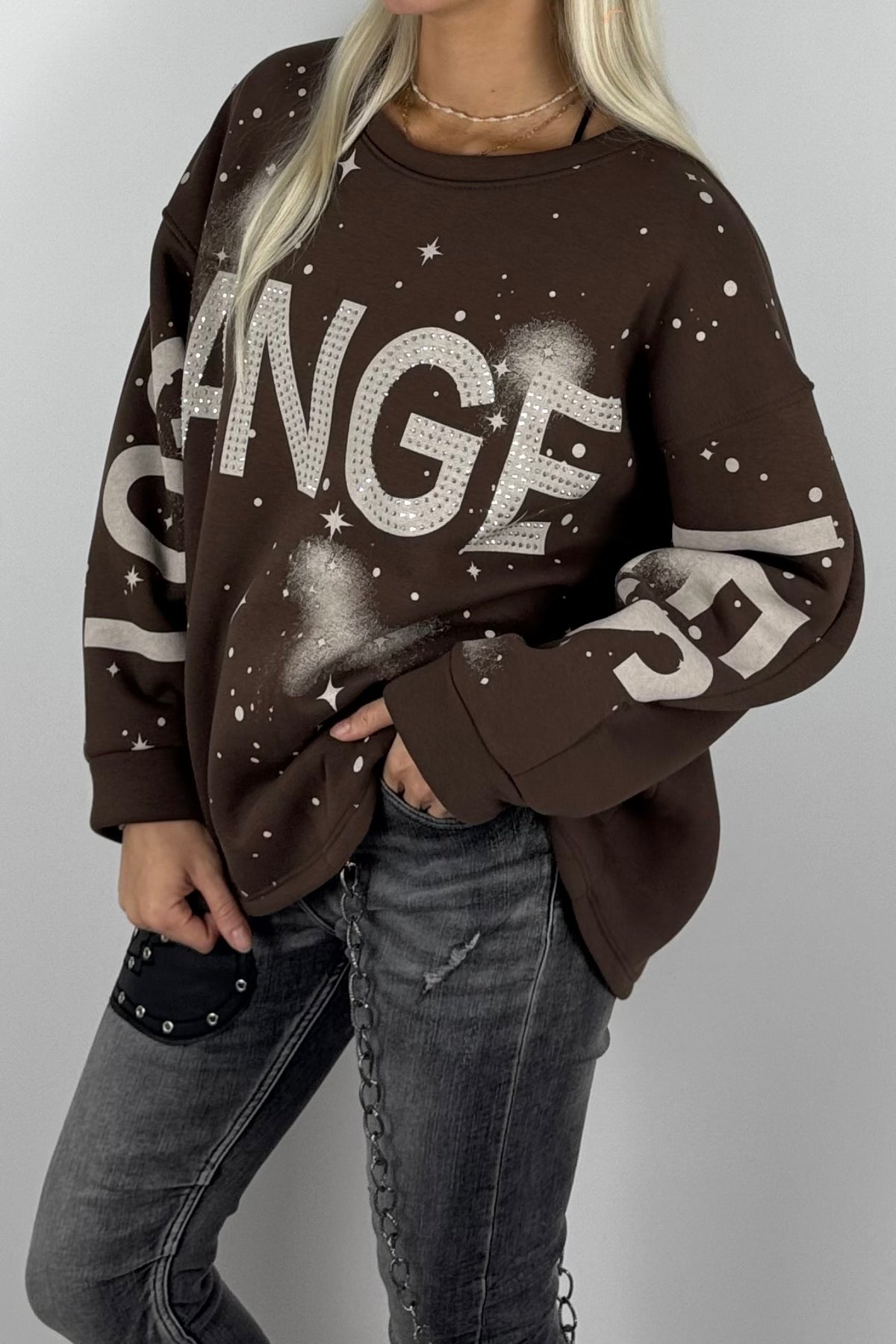 Damen-Sweatshirt mit „Los Angeles“-Schriftzug und Glitzersteinen - Schoko