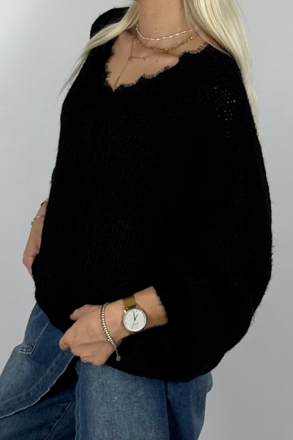 Damen Oversize Strickpullover mit V-Ausschnitt –Schwarz
