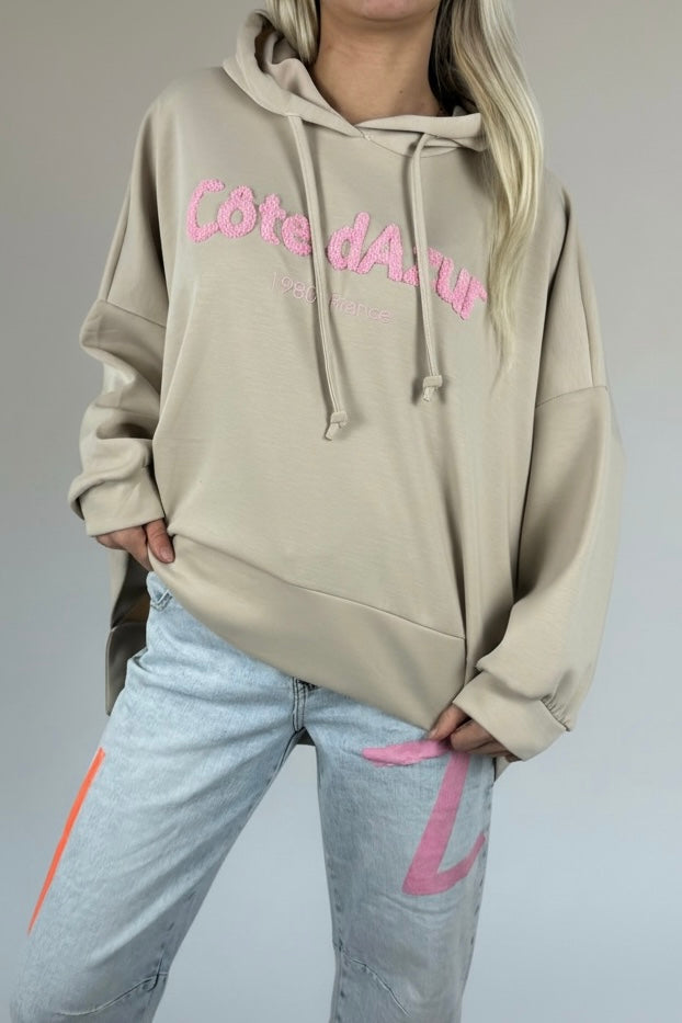 Oversize Hoodie mit Schriftzug „Côte d’Azur“-Beige