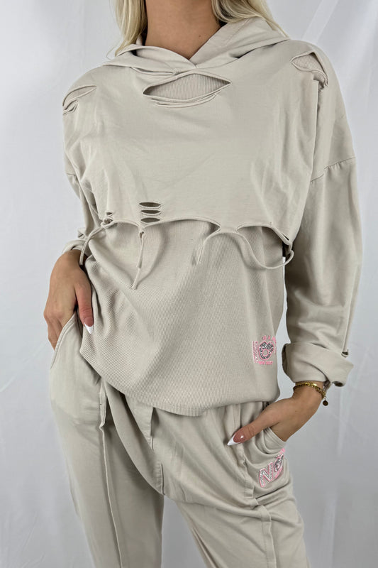 Lässiges Shirt mit Cut-Out-Details & Print –Beige