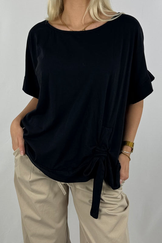 Shirt mit Raffdetail & Zierschnürung – lässig und modern-Schwarz