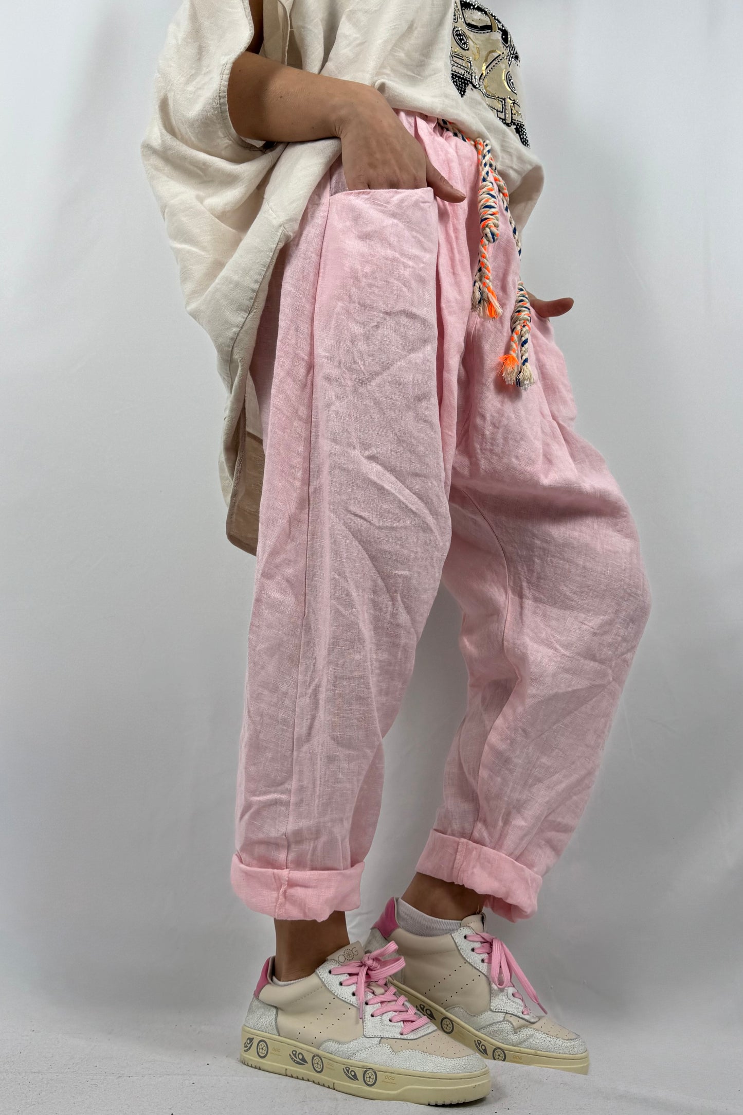 Damen Leinenhose mit Flechtgürtel-Rosa
