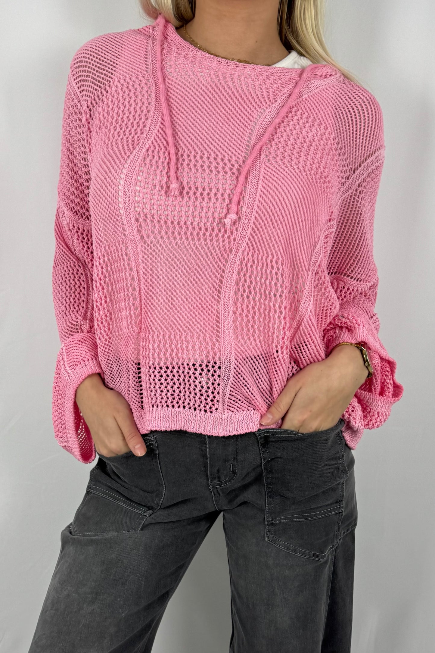 Damen Strick Sweatshirt mit Netzstruktur-rosa