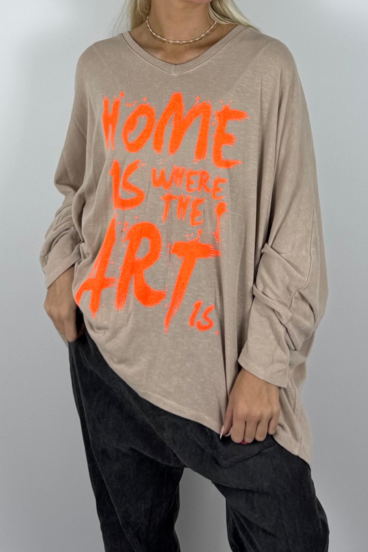 Damen Oversize-Shirt mit Statement-Print-Beige