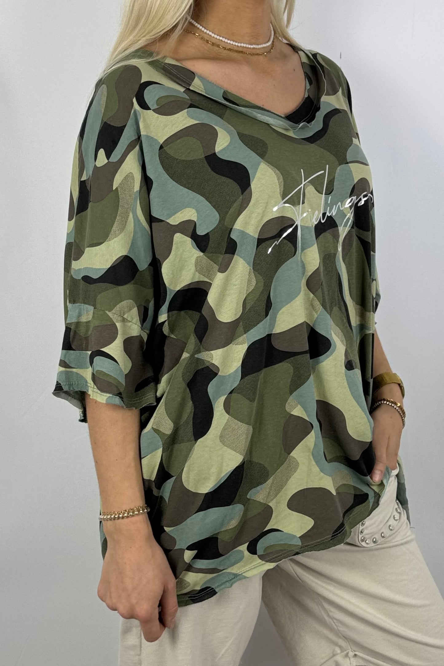 Oversize-Shirt im Camouflage-Look-Khaki