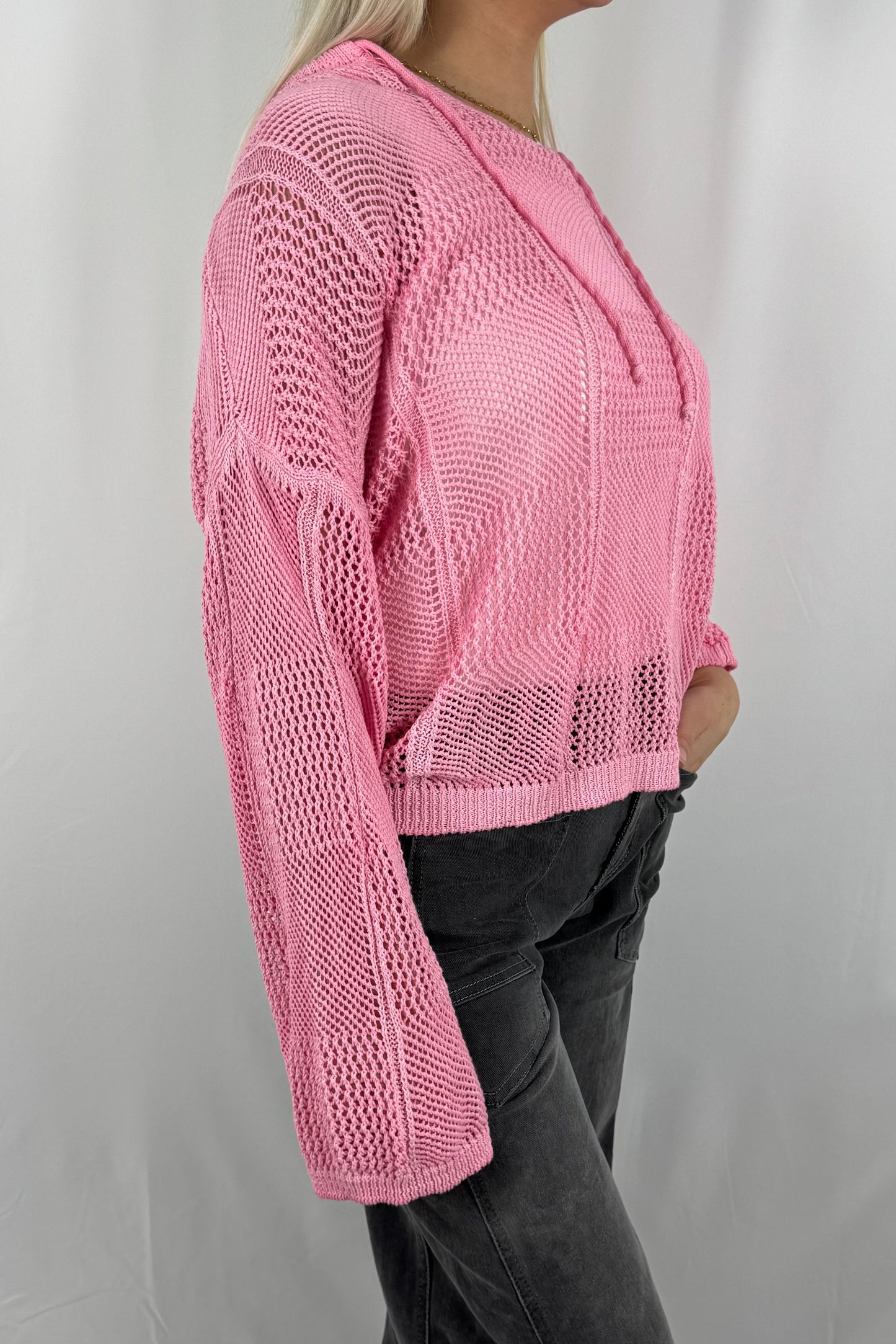 Damen Strick Sweatshirt mit Netzstruktur-rosa