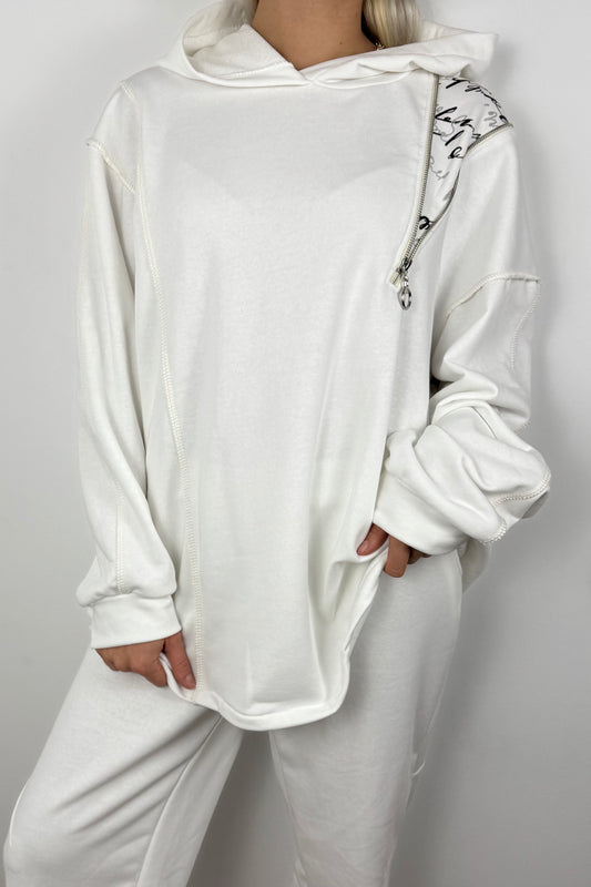 Asymmetrischer Hoodie mit Zipper –weiß