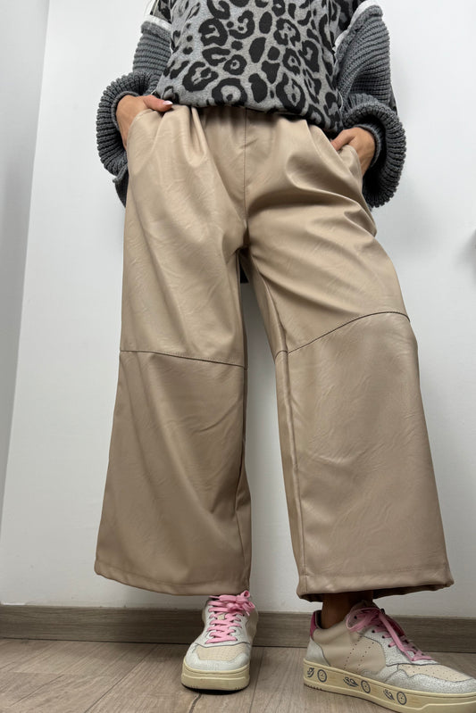 Cropped Leder-Look Hose mit Gummibund –Beige