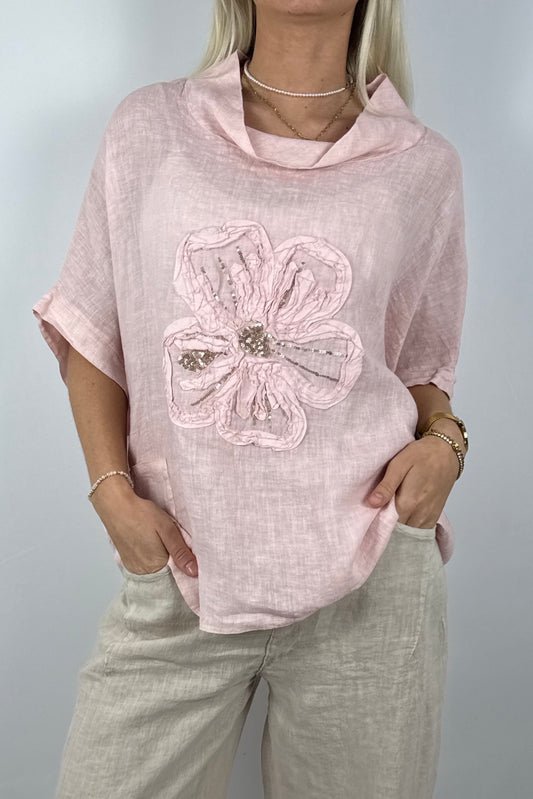Leinen Shirt mit Blumen-Applikation – Lässiger Look-Rosa
