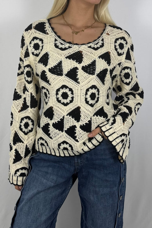 Damen Häkelpullover – Boho Style-Schwarz