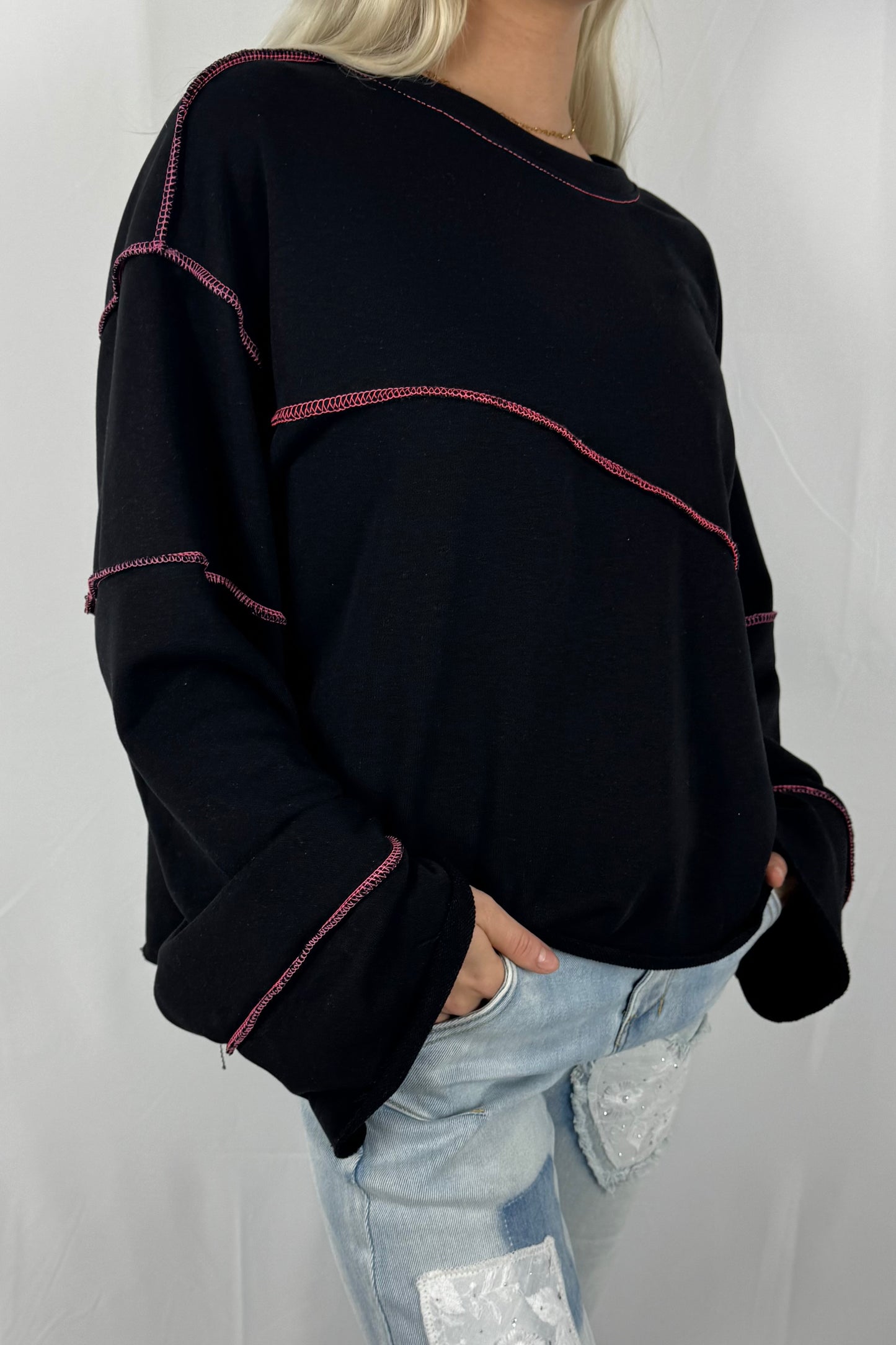 Oversize Sweatshirt mit asymmetrischer Naht –Schwarz