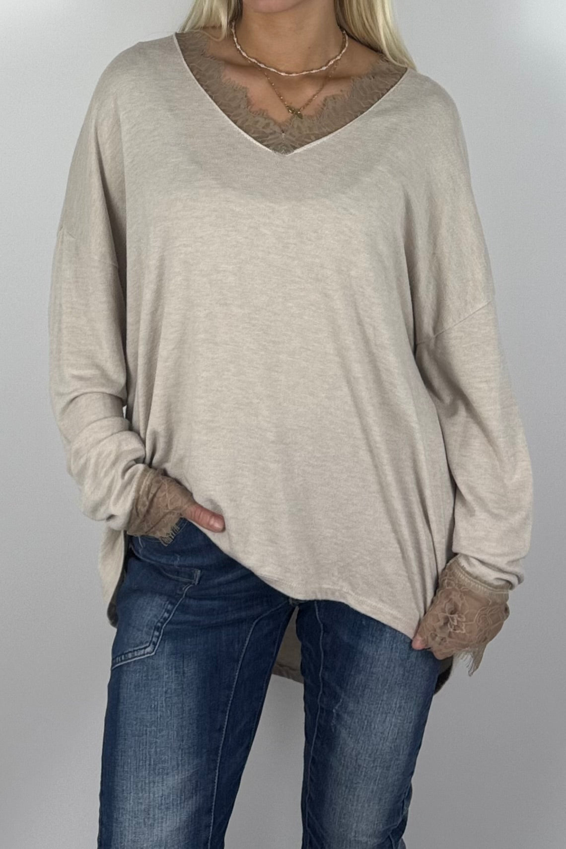 Damen Oversize Shirt mit Spitzen-Details –Beige