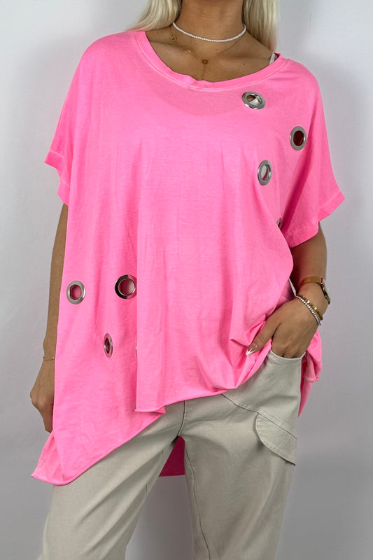 Oversize-Shirt mit dekorativen Metallösen-Neon Pink