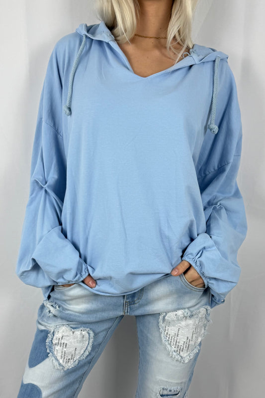 Damen Hoodie Shirt mit V-Ausschnitt –Hellblau