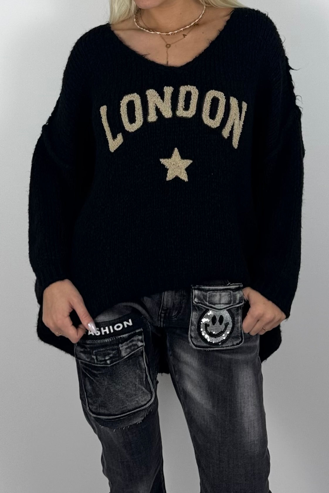 Damen Oversize Strickpullover mit London-Schriftzug –Schwarz