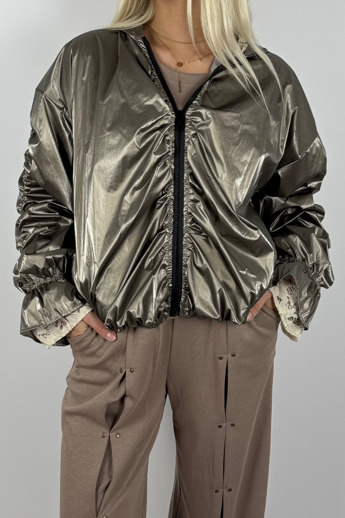 Damen Glanz-Jacke mit Kapuze – Metallic Look - Bronze